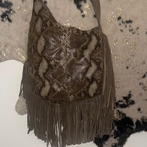 Elegant Brown Snake Print Hobo Bag with Fringe